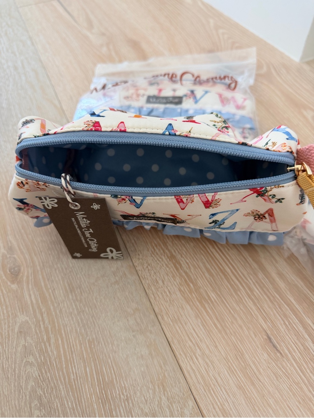 3- Matilda Jane Kids Cosmetic Bag or pencil bag Cream with Blue and Pink Accents